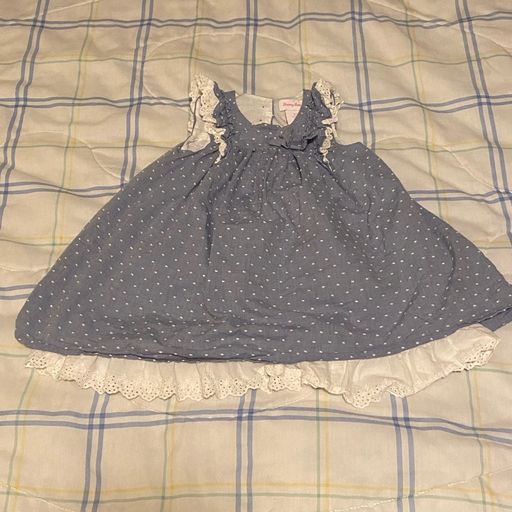 Tommy Bahama 3T dress sundress, light blue with white poke, dots, white ruffles